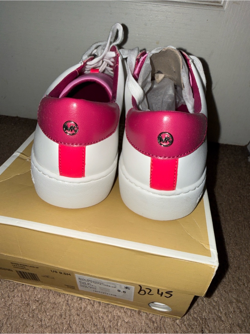 Michael Kors Irving Stripe Lace Up White Sneakers with Pink and Magenta Stripes - Picture 4 of 6